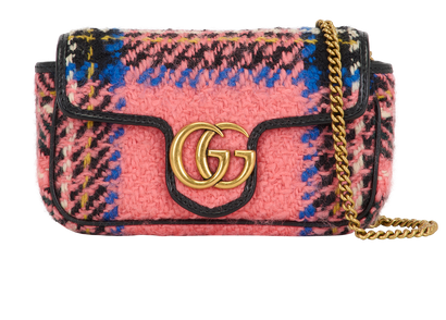 Tweed Mini Marmont, &pound;595, Handbags, Blue/Pink, Fabric/Leather/Tweed, Front view